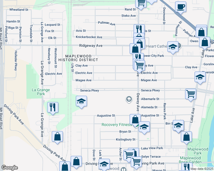 map of restaurants, bars, coffee shops, grocery stores, and more near 570 Seneca Parkway in Rochester
