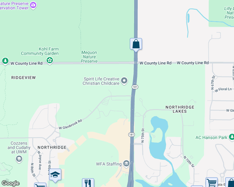 map of restaurants, bars, coffee shops, grocery stores, and more near 7726 West Glenbrook Road in Milwaukee