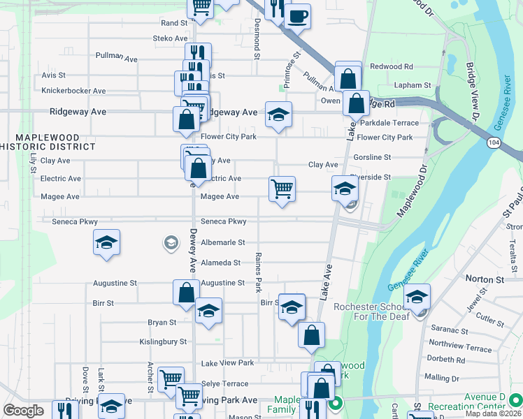 map of restaurants, bars, coffee shops, grocery stores, and more near 232 Seneca Parkway in Rochester