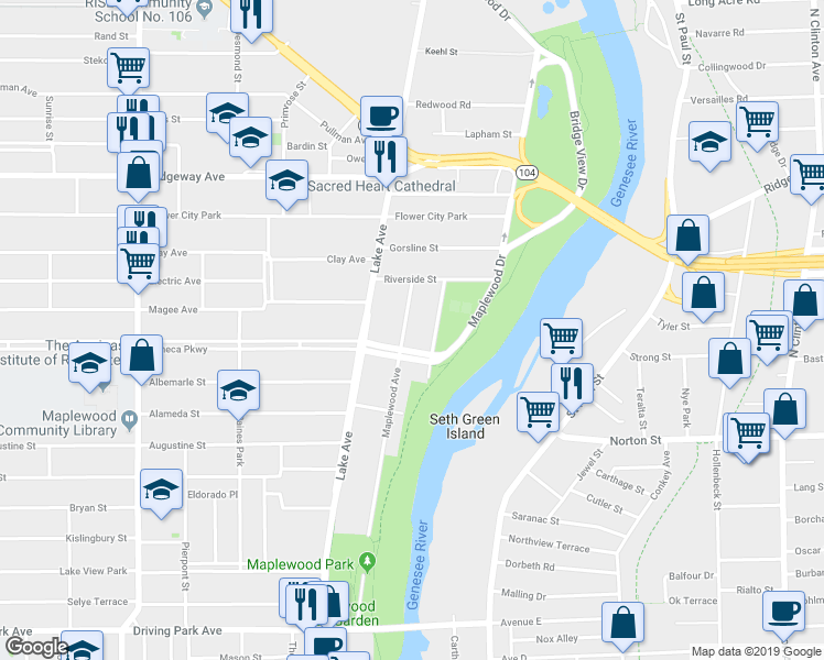 map of restaurants, bars, coffee shops, grocery stores, and more near 436 Maplewood Avenue in Rochester