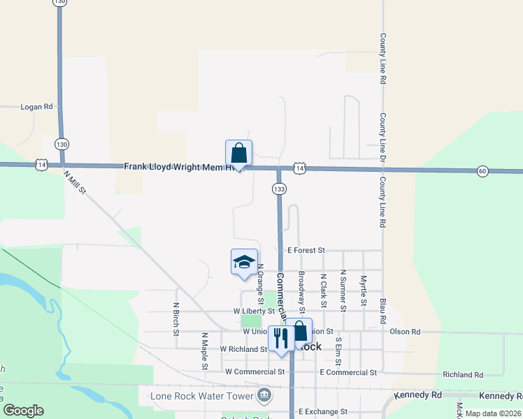map of restaurants, bars, coffee shops, grocery stores, and more near 33659 U.S. 14 in Lone Rock