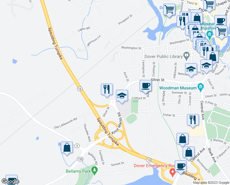 map of restaurants, bars, coffee shops, grocery stores, and more near 169 Silver Street in Dover