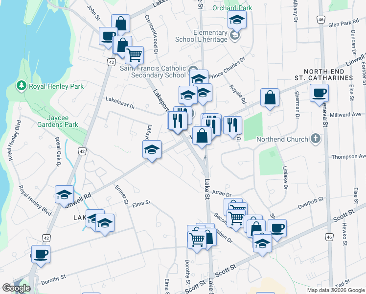 map of restaurants, bars, coffee shops, grocery stores, and more near 138 Linwell Road in Saint Catharines