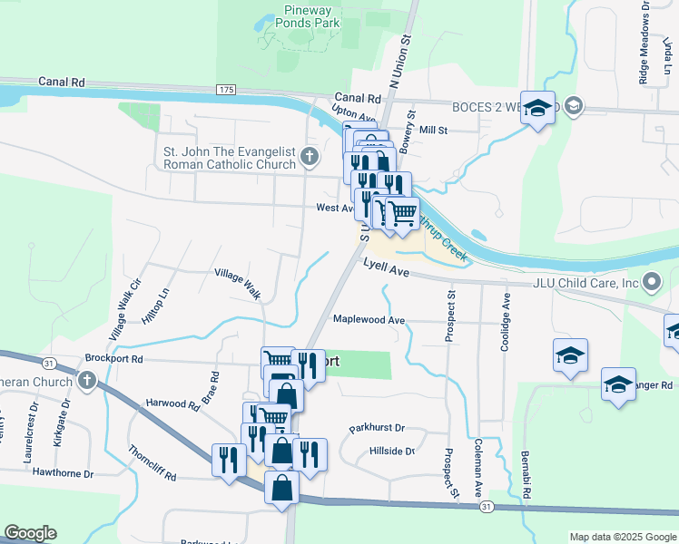 map of restaurants, bars, coffee shops, grocery stores, and more near 237 New York 259 in Spencerport