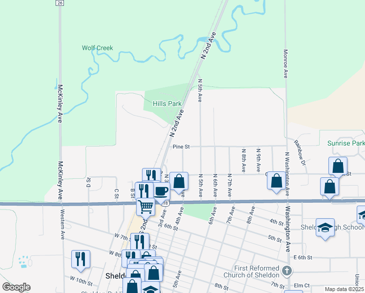 map of restaurants, bars, coffee shops, grocery stores, and more near 401 Pine Street in Sheldon