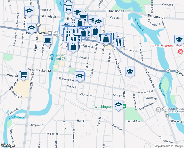 map of restaurants, bars, coffee shops, grocery stores, and more near South 7th Street in Watertown