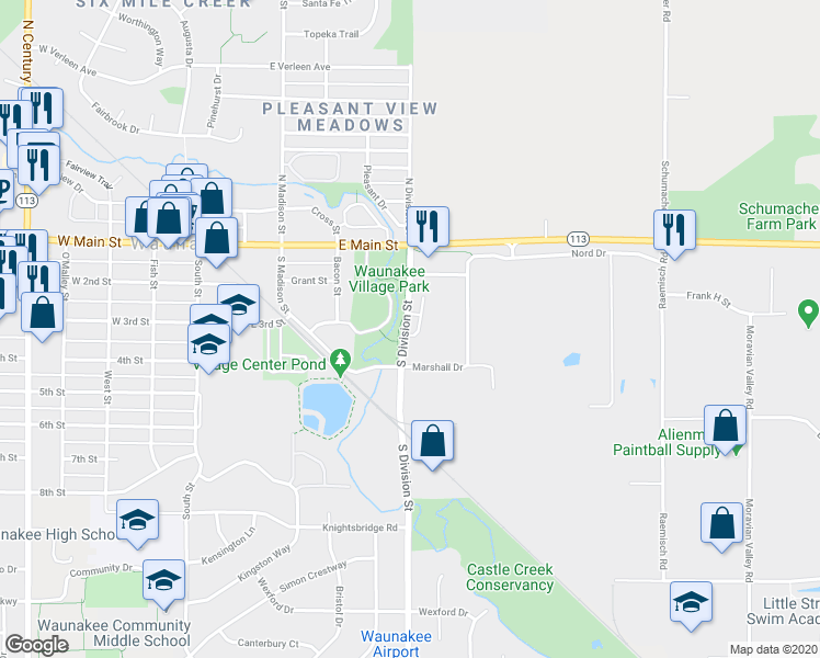 map of restaurants, bars, coffee shops, grocery stores, and more near 230 South Division Street in Waunakee