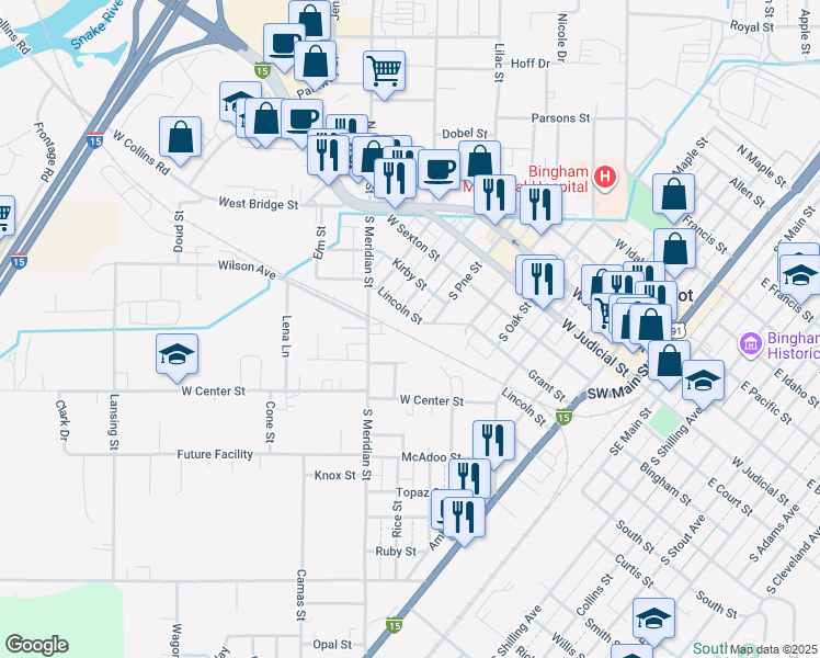 map of restaurants, bars, coffee shops, grocery stores, and more near 600-698 Lincoln Street in Blackfoot