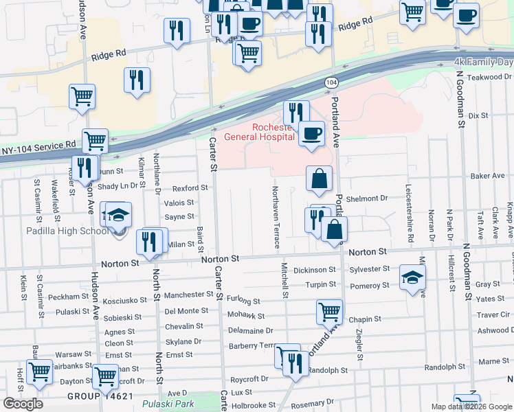 map of restaurants, bars, coffee shops, grocery stores, and more near 106 Brookhaven Terrace in Rochester