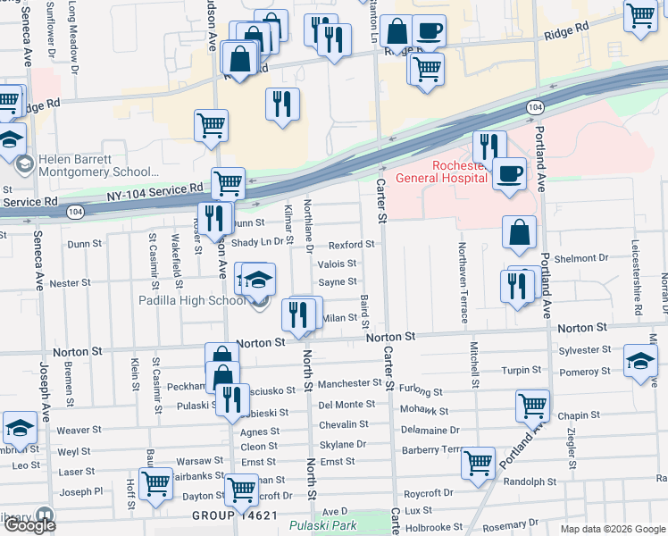 map of restaurants, bars, coffee shops, grocery stores, and more near 15 Valois Street in Rochester