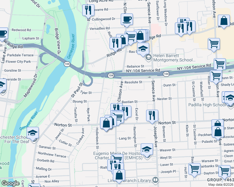 map of restaurants, bars, coffee shops, grocery stores, and more near 1600 North Clinton Avenue in Rochester