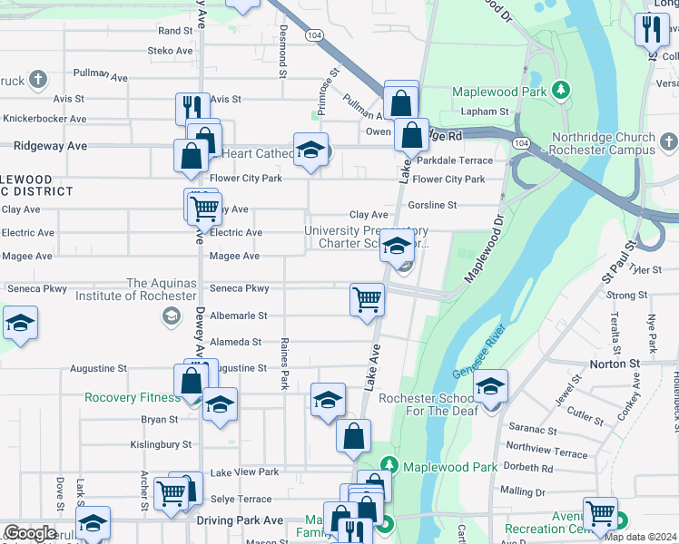 map of restaurants, bars, coffee shops, grocery stores, and more near 180 Seneca Parkway in Rochester