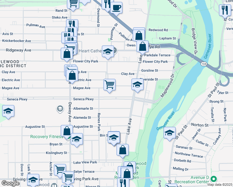 map of restaurants, bars, coffee shops, grocery stores, and more near 180 Seneca Parkway in Rochester