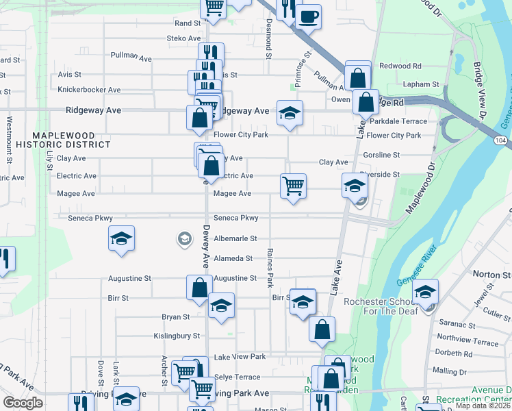 map of restaurants, bars, coffee shops, grocery stores, and more near 282 Seneca Parkway in Rochester