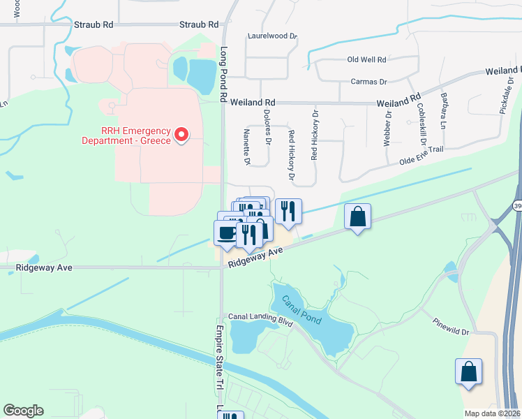map of restaurants, bars, coffee shops, grocery stores, and more near 74 Amberwood Place in Rochester