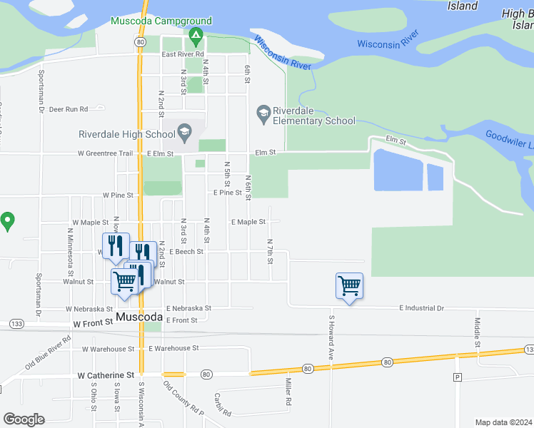 map of restaurants, bars, coffee shops, grocery stores, and more near 483 North 7th Street in Muscoda