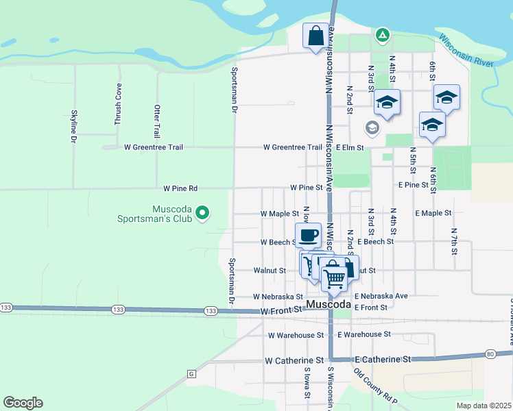 map of restaurants, bars, coffee shops, grocery stores, and more near 316 West Maple Street in Muscoda