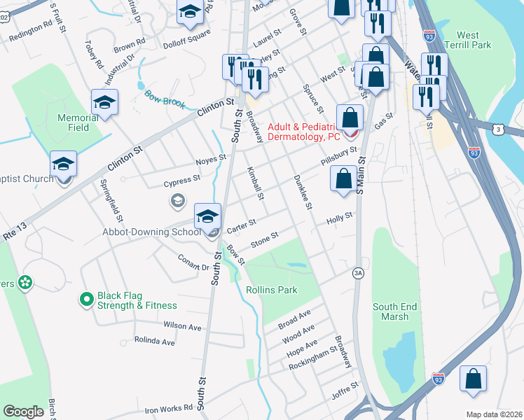 map of restaurants, bars, coffee shops, grocery stores, and more near 38 Kimball Street in Concord