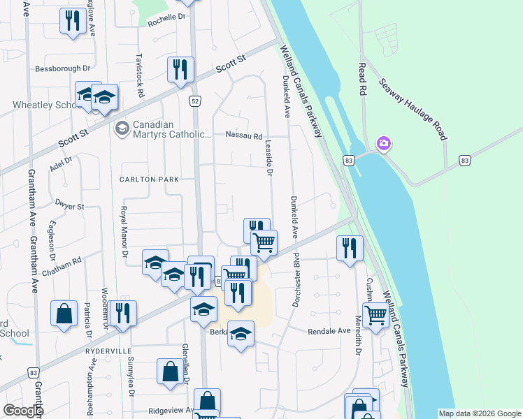 map of restaurants, bars, coffee shops, grocery stores, and more near 39 Leaside Drive in St. Catharines