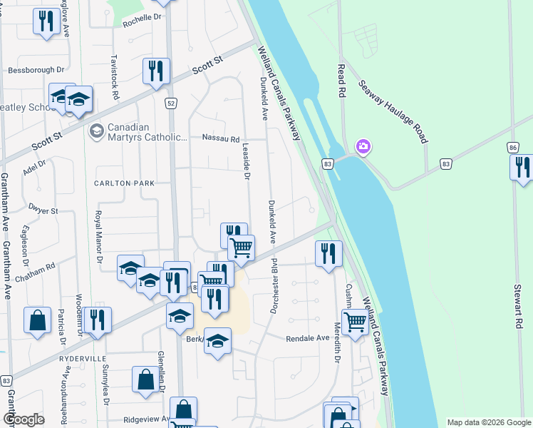 map of restaurants, bars, coffee shops, grocery stores, and more near 21 Dunkeld Avenue in St. Catharines