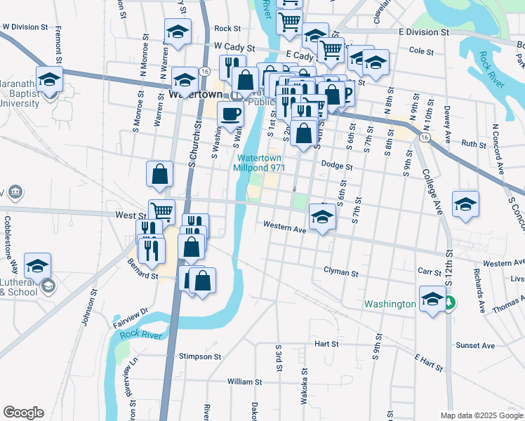 map of restaurants, bars, coffee shops, grocery stores, and more near 705 South 1st Street in Watertown
