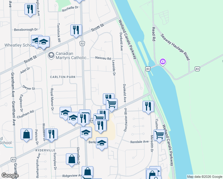 map of restaurants, bars, coffee shops, grocery stores, and more near 39 Leaside Drive in St. Catharines