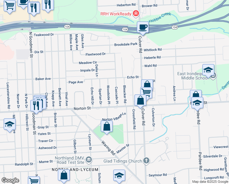 map of restaurants, bars, coffee shops, grocery stores, and more near 295 Cascade Place in Irondequoit