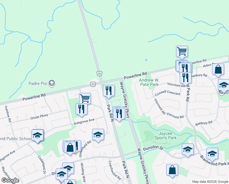 map of restaurants, bars, coffee shops, grocery stores, and more near 627 Park Road North in Brantford
