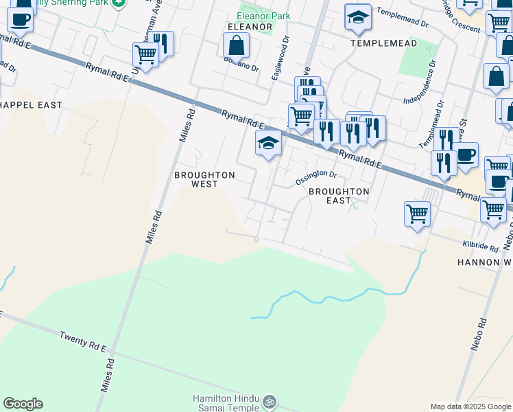 map of restaurants, bars, coffee shops, grocery stores, and more near 134 Terni Boulevard in Hamilton