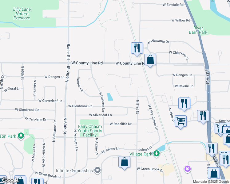 map of restaurants, bars, coffee shops, grocery stores, and more near 5351 West Woodland Drive in Brown Deer
