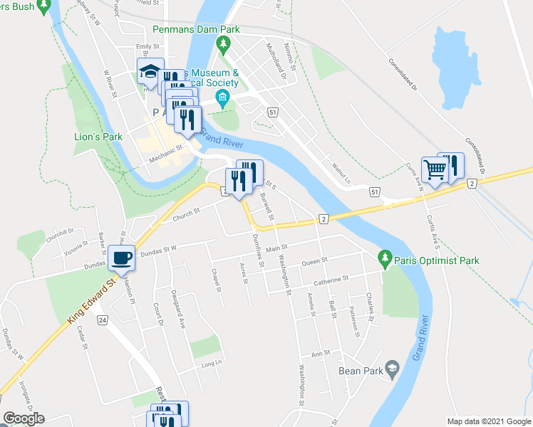 map of restaurants, bars, coffee shops, grocery stores, and more near 31 Burwell Street in Brant