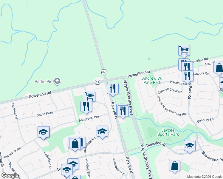 map of restaurants, bars, coffee shops, grocery stores, and more near 20 Black Locust Way in Brantford