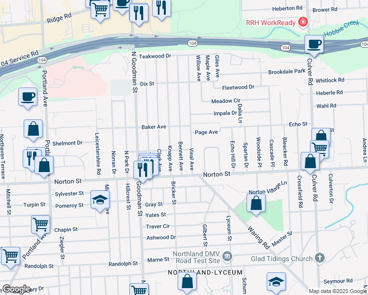 map of restaurants, bars, coffee shops, grocery stores, and more near 84 Bennett Avenue in Rochester