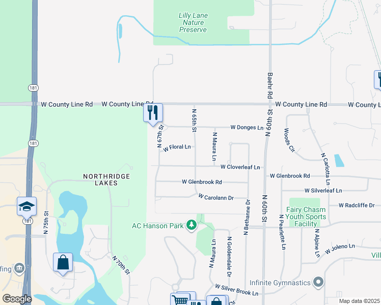 map of restaurants, bars, coffee shops, grocery stores, and more near 6513 West Floral Lane in Milwaukee