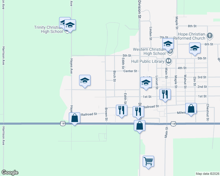 map of restaurants, bars, coffee shops, grocery stores, and more near 1184-1268 Brown Street in Hull