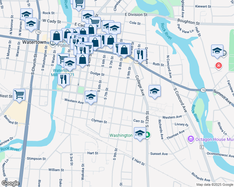 map of restaurants, bars, coffee shops, grocery stores, and more near 601 South 8th Street in Watertown