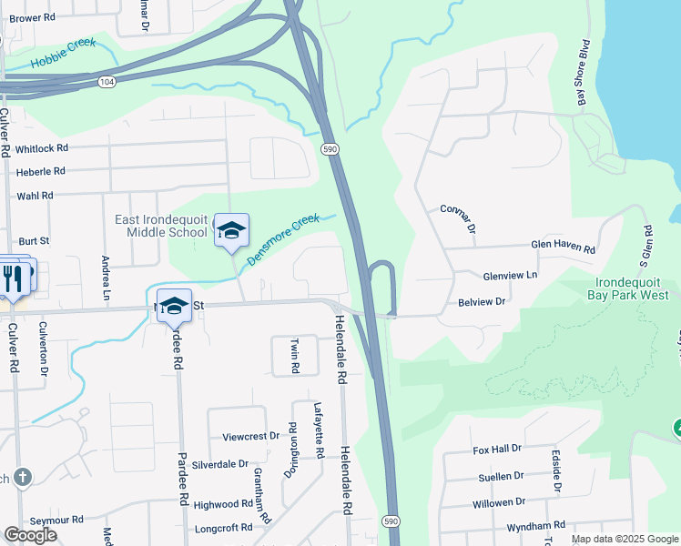 map of restaurants, bars, coffee shops, grocery stores, and more near 933 Edgecreek Trail in Irondequoit