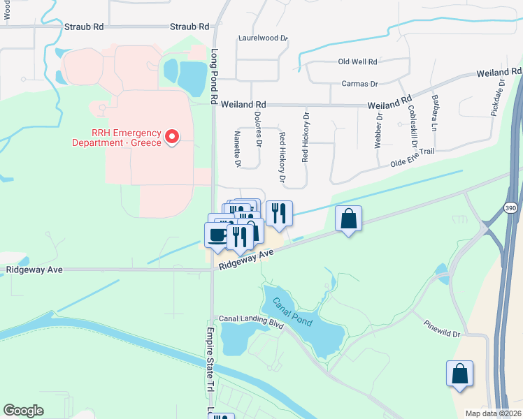 map of restaurants, bars, coffee shops, grocery stores, and more near 74 Amberwood Place in Rochester