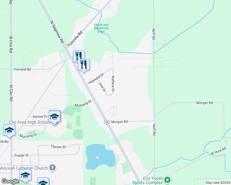 map of restaurants, bars, coffee shops, grocery stores, and more near 12446 Wallace Drive in Clio