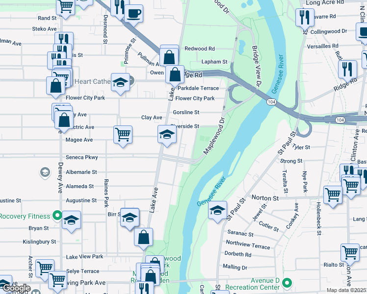 map of restaurants, bars, coffee shops, grocery stores, and more near 442 Maplewood Avenue in Rochester