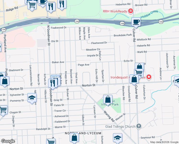 map of restaurants, bars, coffee shops, grocery stores, and more near 38 Strathmore Circle in Irondequoit