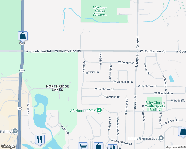 map of restaurants, bars, coffee shops, grocery stores, and more near 6573 West Floral Lane in Brown Deer