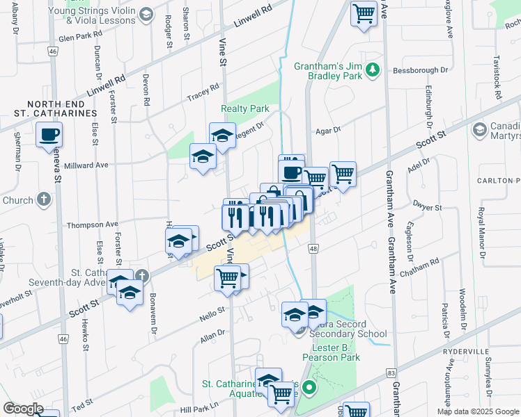 map of restaurants, bars, coffee shops, grocery stores, and more near 378 Scott Street in St. Catharines