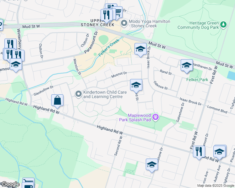 map of restaurants, bars, coffee shops, grocery stores, and more near 48 Nordale Crescent in Hamilton