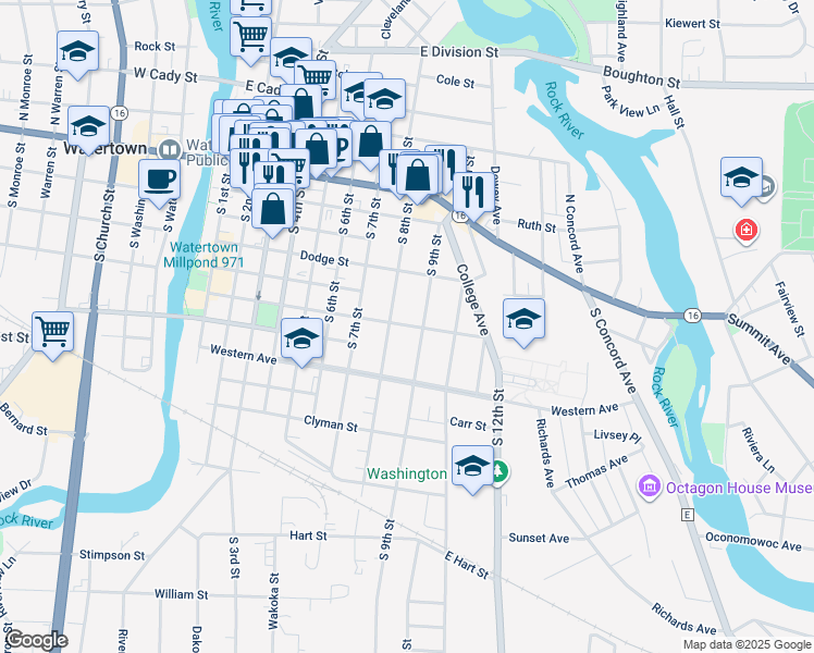 map of restaurants, bars, coffee shops, grocery stores, and more near 601 South 8th Street in Watertown