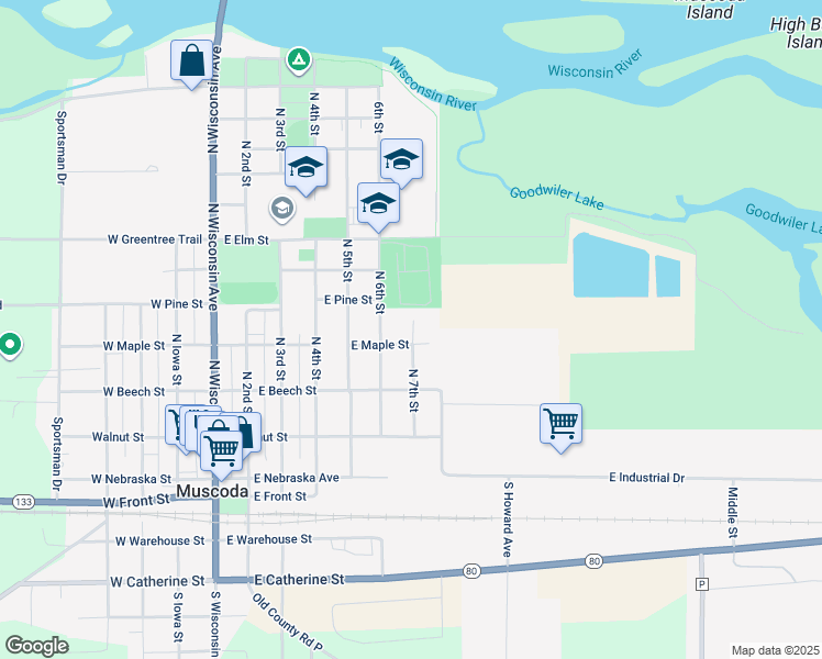 map of restaurants, bars, coffee shops, grocery stores, and more near 483 North 7th Street in Muscoda