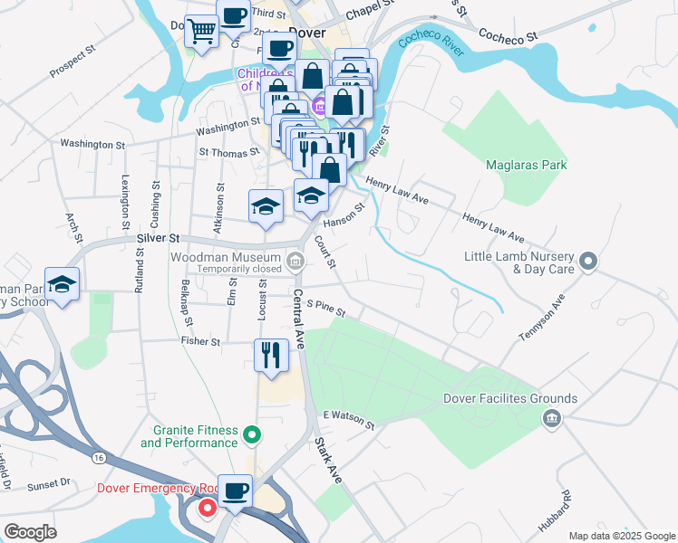 map of restaurants, bars, coffee shops, grocery stores, and more near 32 Court Street in Dover