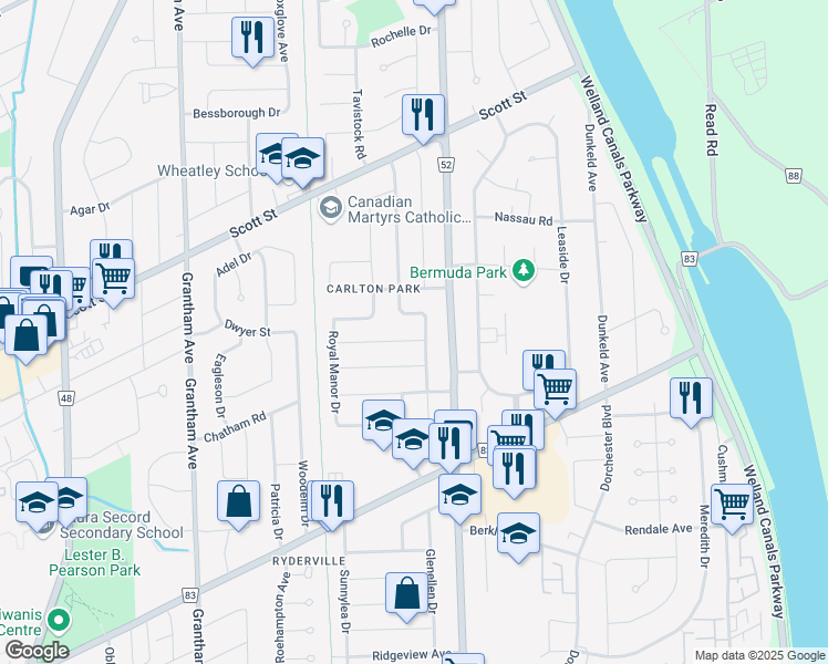 map of restaurants, bars, coffee shops, grocery stores, and more near 25 Brentwood Drive in St. Catharines