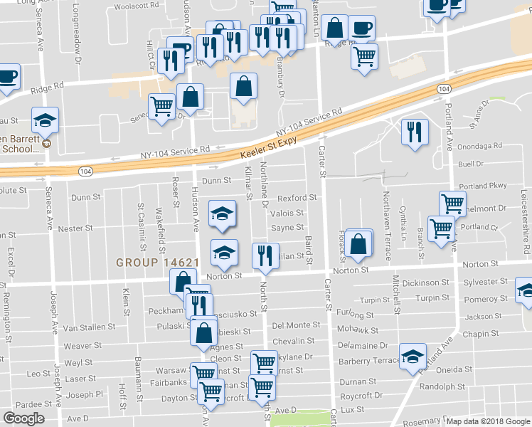 map of restaurants, bars, coffee shops, grocery stores, and more near 139 Northlane Drive in Rochester