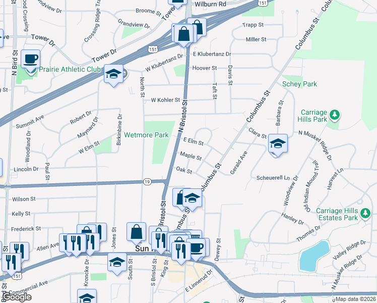 map of restaurants, bars, coffee shops, grocery stores, and more near 124 Maple Street in Sun Prairie